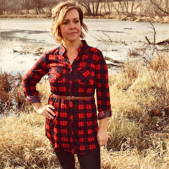 Plaid Button Down Shirt Dress w/ Belt - Picture 3 of 3